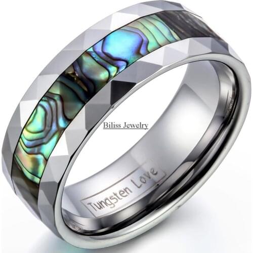 8mm Tungsten Ring High Quality Mens Abalone Shell Inlay Band Rings Beveled Edge Comfort Fit Design anel tungstenio