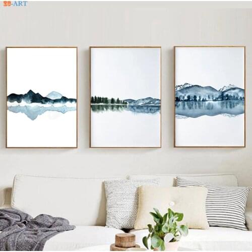 Watercolor Abstract Landscape Canvas Painting Posters and Prints Navy Blue Wall Art Wall Pictures for Living Room Decorative