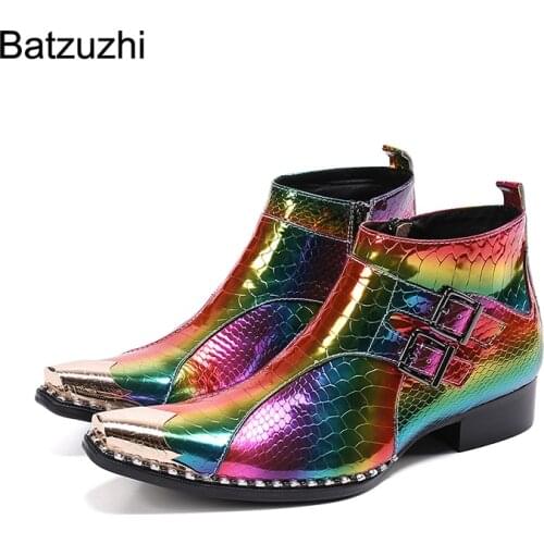 Batzuzhi New Design Mens Boots Pointed Metal Toe Leather Ankle Boots Men Color Party, Wedding Boots for Men Botas Hombre