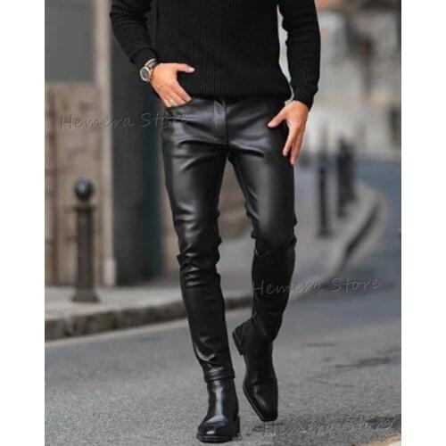 Brand Autumn Men Leather Pants Skinny Fit Elastic Style Fashion PU Leather Trousers Motorcycle Pants Thin Streetwear