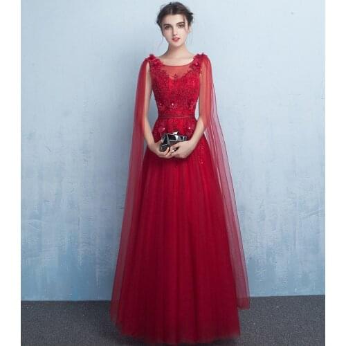 2021 New Bride Wedding Toast Dress European and American Red Long Dress Shawl Sleeve Lace Evening Dress