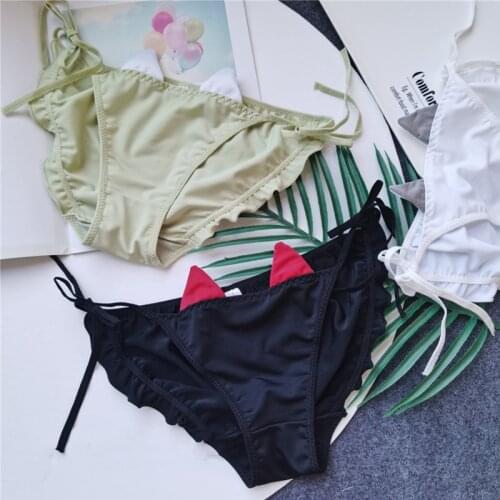 Devil Ears Bandage Panties For Girl Sexy Coast Lace Cute Ice Silk Buttocks Low Waist Womens Underwear Solid Color Breathable