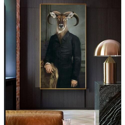 Canvas Painting Retro Nostalgia Gentleman Oil Paintings Wall Art Ram Animal Poster Prints For Living Room Home Wall Modular