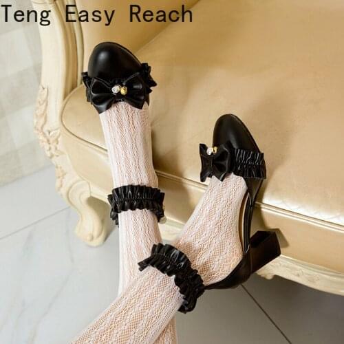 Summer 2021 Ladies Heels Cute Bow Lace Princess Mary Jane Lolita Shoes Party High Heel Buckle Women Pumps Pink black white