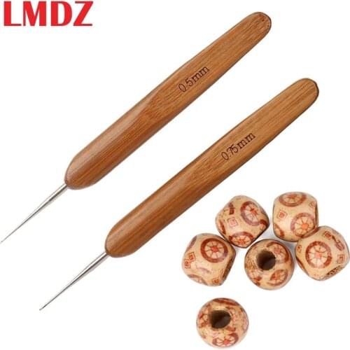 LMDZ 2 PCS Dreadlock Crochet Hook With 6 Wood Beads, Dreads Braiding Hair Crochet Hook Soft Touch Steel for Braid Craft