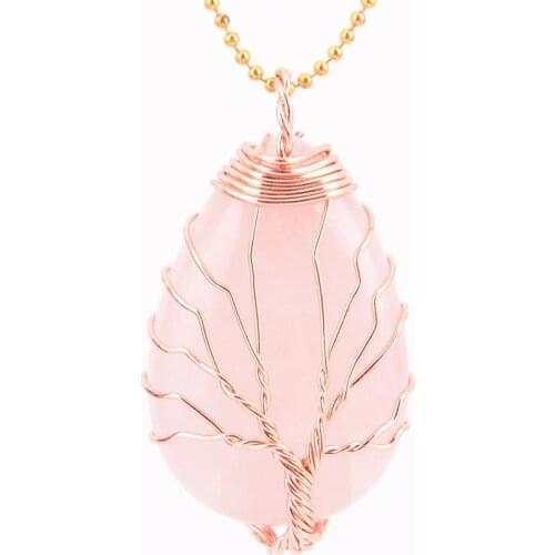 Natural Gem StoneGold Color Tree of Life Wire Wrap Water Drop Necklace Pendant for Women Jewelry Green Quartz Tig D526
