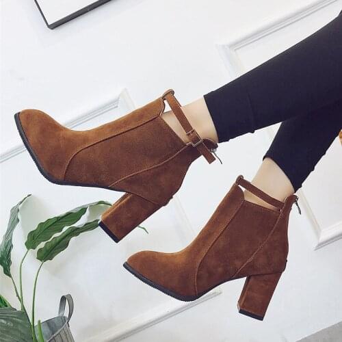 New Womens Thick Ankle Boots High Heels Sexy Womens Boots Metal Buckle Thick Heel Shoes Back Zipper Short Boots Womens B22-34