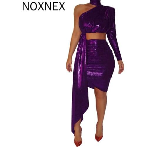 NOXNEX Womens Shoulder Single Sleeve Shoulder Two-piece Mini Skirt Rayon Sexy Bandage Bodycon Strap Foil Club Skirt Suit