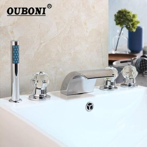 OUBONI Chrome Polish Bathroom Bathtub Mixer Faucet Solid Brass 5 Pcs Bathtub Faucet Waterfall Spout Deck Mounted Diamond Handles