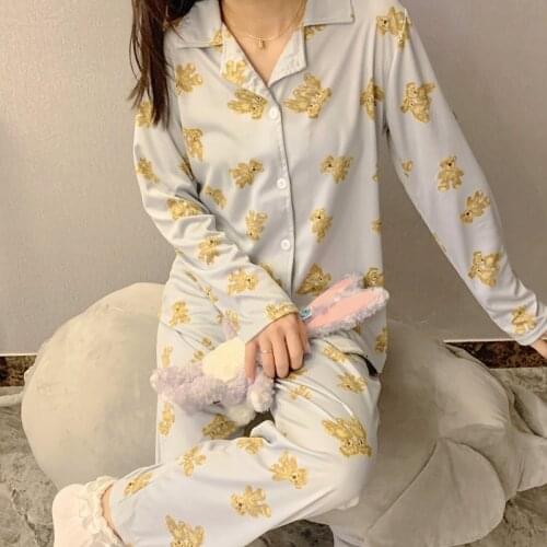 Womens Cute Cartoon Pajamas Set Turn-down Collar Pyjamas Long Sleeves Suit Soft Female Sleepwear Autumn Homewear Home Services
