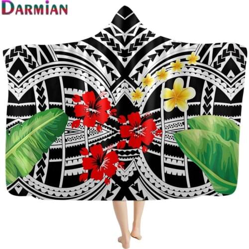 DARMIAN Polynesian Tribal Plumeria Printed Hooded Blanket Sherpa Fleece Wearable Warm Throw Blanket for Adult Kids mantas sofa