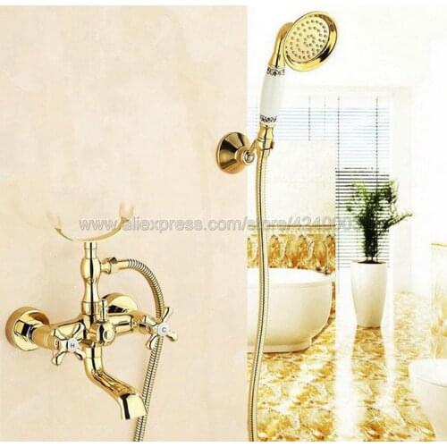 Luxury Gold Color Brass Bath Shower Faucet Set Dual Knobs Wall Mounted Bathtub Mixers with Handshower Swive Tub Spout Ktf124