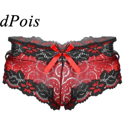 Sexy Men Low Waist Lace Briefs Bowknot Hollow Out Sissy Lingerie Panties Underwear Nightwear Hommes Strappy Boxers Underpants
