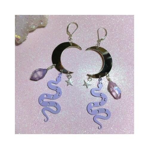Witchy Snake, Moon, and Crystal with Stars Hoop Earrings