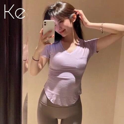 KE white purple curved hem high elasticity was thin V-neck sports fitness short-sleeved top womens leisure yoga T-shirt summer