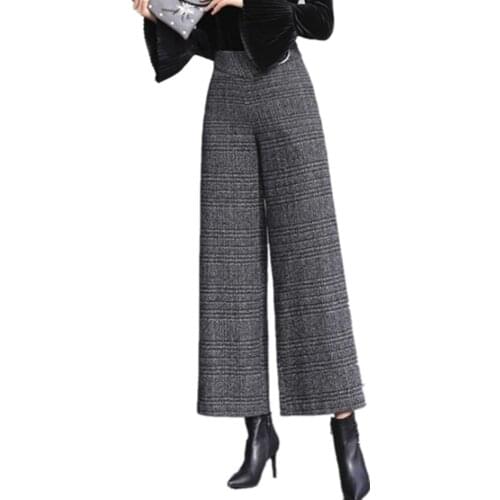 Autumn Winter Woolen Pants Women Black Plaid Wide Leg Pants High Waist Thick Warm Office Lady Wool Trouser Loose Skirt Pants