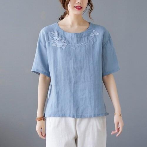 Women Cotton Linen Casual T-shirts New Arrival 2021 Vintage Style Floral Embroidery Loose Female Short Sleeve Tops Tees B465