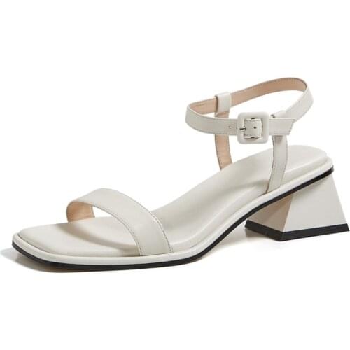 2021 Women Leather Sandals Ladies Luxury Designer Heels Korean Fashion Party Shoes Summer White Apricot Square Toe For Office