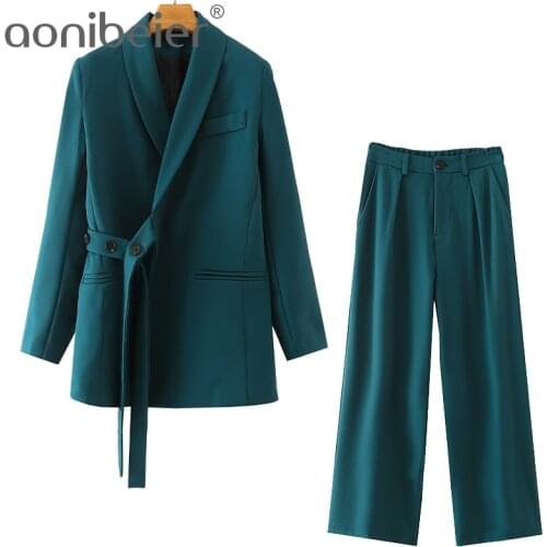 Aonibeier 2021 Za Woman Casual Traf Outfits Female Autumn Long Blazers + Ankle Pants Suits OL Style 2 Piece Sets Suit Jacket