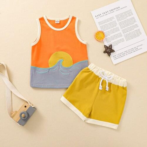 40# Newborn Baby Clothes Girls Boys Sleeveless Vest Summer Beach Non-positioning Printing Top Solid Color Shorts Two-piece Suit
