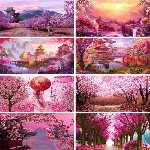 Huacan Diamond Painting Full Cherry Blossoms Mosaic House Sakura Embroidery Scenery Home Decor Diamond Art