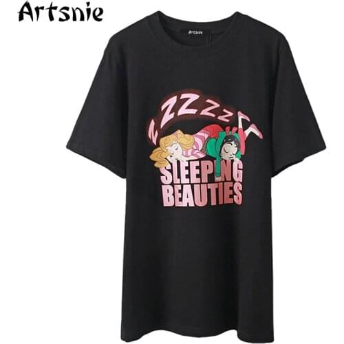 Artsnie Disney Cartoon Print T Shirt Women Summer 2021 O Neck Short Sleeve Black Tops Streetwear Knitted Oversized T-shirts
