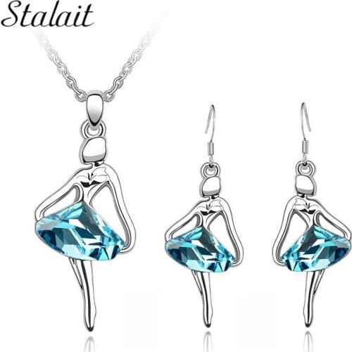 Free Shipping Hotselling Wholesale Price Gold Color Balet Girl Crystal Pendant Necklace+Earrings fashion Jewelry sets 017