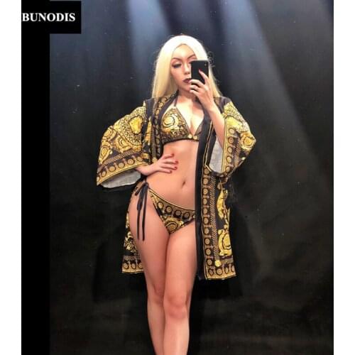 ZD187 Gold Flower Printing Bikini+Coat Women Sexy Bling Clothing Fashion Show Stage Wear Costumes Beach Party Bodysuit