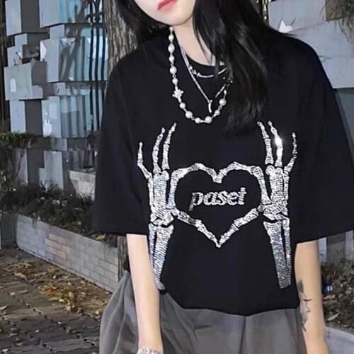 Women harajuku hot diamond Devils hand short-sleeved T-shirt loose y2k shirt harajuku shirts for women graphic tee woman tshirt