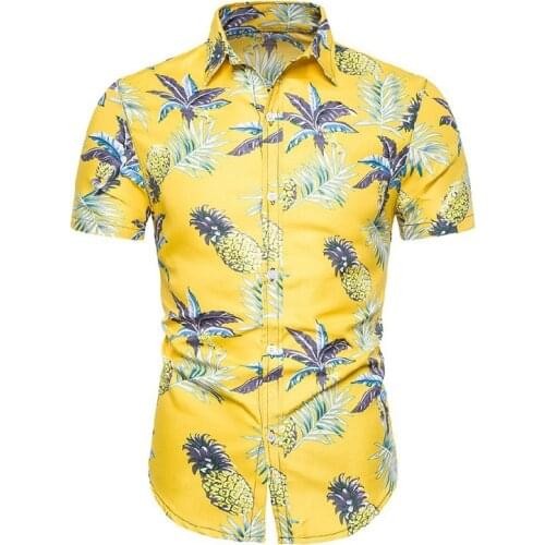 Best Sale Summer Cheap Plus size Men Pineapple Floral Print Hawaiian Beach Cotton Short Sleeve Shirt