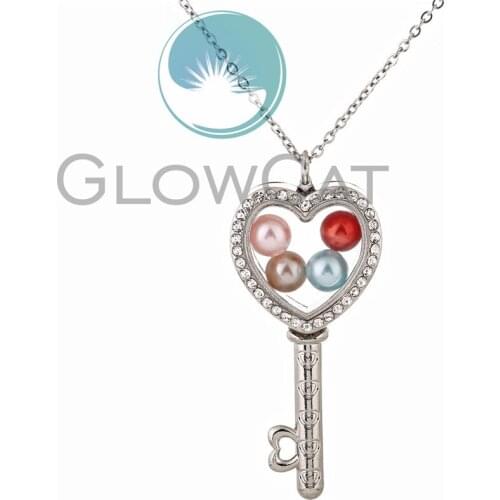 Crystal Key Pendant Necklace Glass Heart Locket Pearl Cage Silver Color Pendant 50cm Steel Chain Necklace