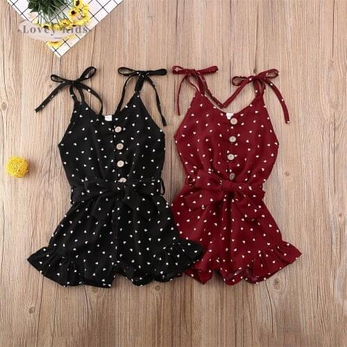 2020 Summer Toddler Infant Baby Girl Rompers 1-6T Heart Print Sling Sleeveless Playsuit Jumpsuit Overalls Belt Sweet Costume