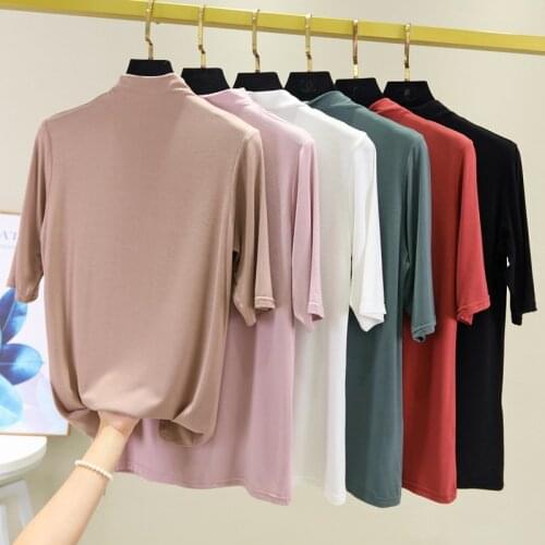Fashion Super Soft Modal T Shirt Turtleneck Women Half-Sleeve T-Shirt High Elastic Aesthetic Tee Shirt Elegant Korea Lady Tops