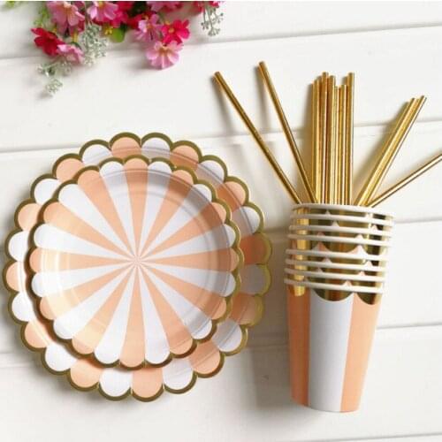 Pink Stripe Disposable Tableware Sets Paper Plates Cups Baby Shower Favor Drinking Straws Wedding Party Decor Party Supplies