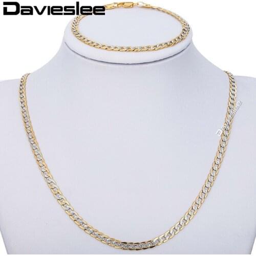 4mm Silver Color Yellow Gold Filled Necklace Bracelet Hammered Curb Necklace Bracelet Jewelry Set Mens Womens Chain LGS65