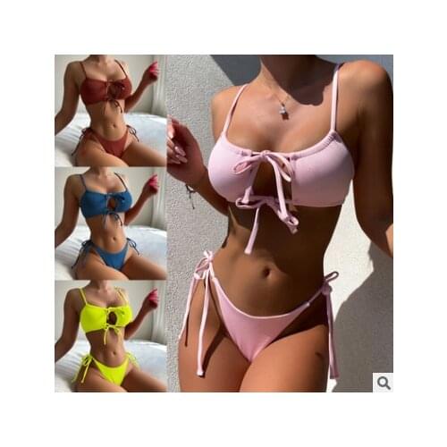 New Strappy Lace Up Ribbed Neon Green Bikini Female Swimsuit Two-piece Bikini set Suit Swim CS6268