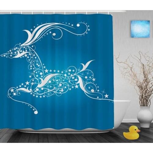 Christmas Deer On Blue Background Bathroom Shower Curtains Beautiful Home Decor Shower Curtain Polyester Fabric Blue With Hooks