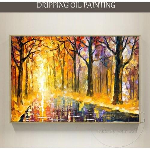 Hand-painted High Quality Modern Abstract Landscape Oil Painting on Canvas Bright Colors Golden Road Oil Painting for Wall Decor