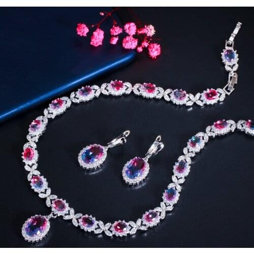 ThreeGraces Unique Rainbow CZ Crystal Round Drop Earrings and Necklace Sets for Ladies Fashioh Party Jewelry Accessories TZ589