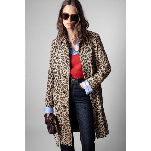 2021 autumn Leopard Print Trench Coat Single Breasted Long Sleeves Fashion Coats with pockets