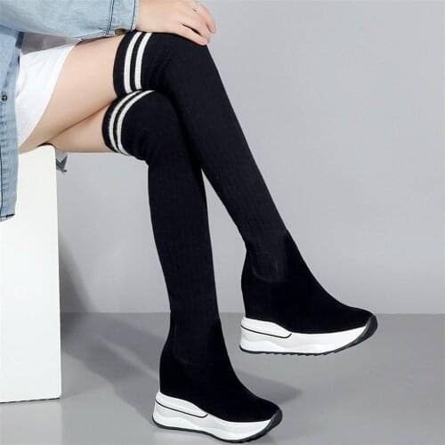 Stretchy Knitting Pumps Shoes Women Genuine Leather Wedges High Heel Over The Knee High Boots Female Thigh High Fashion Sneakers
