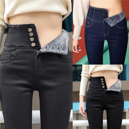 Streetwear High Waist Thickening Skinny Denim Pants Women Plus Size Warm Stretch Pencil Jeans Moms Slim Waist Velvet Jeans
