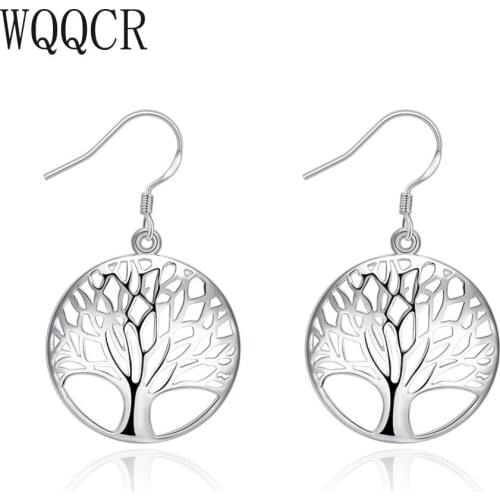 WQQCR 925 Silver Color Earrings Tree of Life Earrings Women Girls Fashion Jewelry Christmas Gift