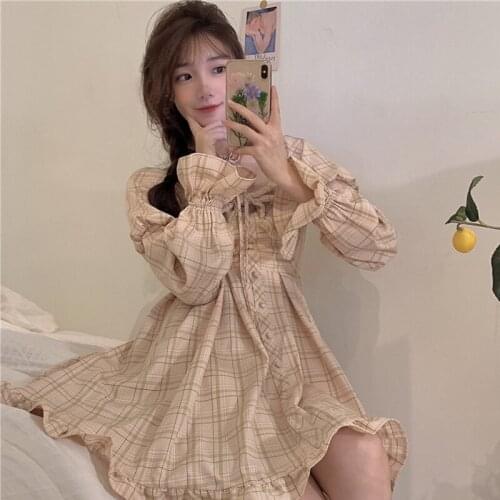 Japanese Style Sweet Bow French Style Square Collar High Waist Bell Sleeve Plaid Ruffled sewwt Lolita Dress Female Summer