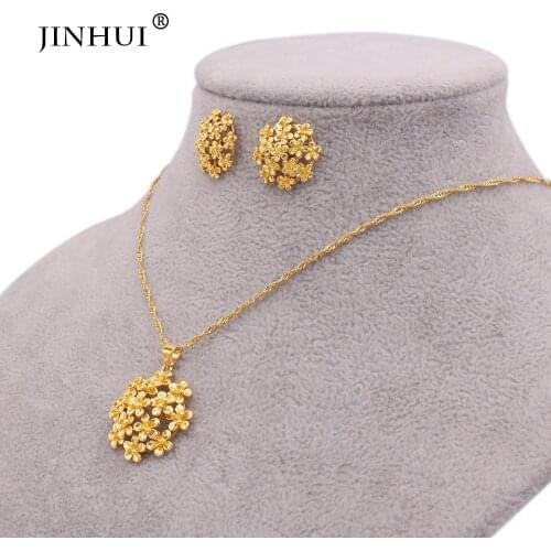 Jewelry sets 24K wedding gold color for women African Indian bridal party gifts necklace flowers pendant earrings jewellery set
