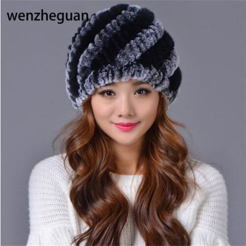 Womens Hats Real Natural Knitted Rex Rabbit Fur Hats Lady Winter Warm Charm Beanies Caps Female Headgear Free shipping