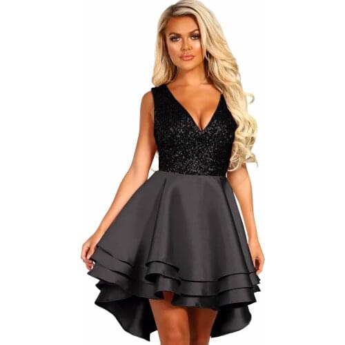 Women Black Pink Luxury Sequined Bodice Multi Layer Dip Hem Skater Dress Sexy V Neck Sleeveless Party Mini Dress