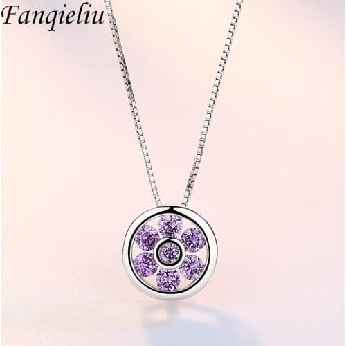 Fanqieliu Luxury Purple Crystal Jewelry Round Pendant Box Chain Chokers Real 925 Sterling Silver Necklace For Women FQL21123