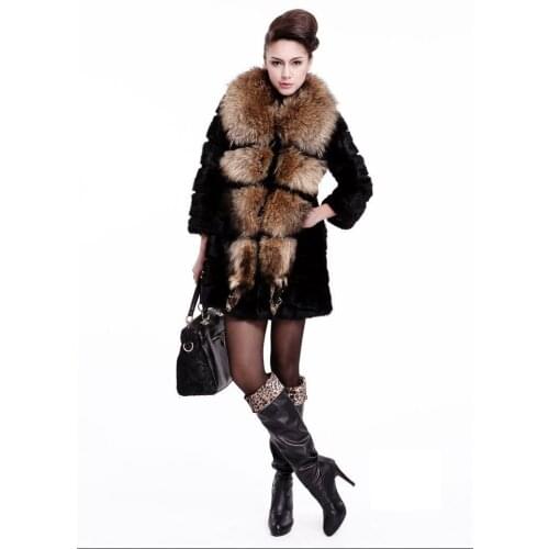Free Shipping genuine real natural rabbit fur coat with big raccoon fur collar Women fashion long fur jackert winter thick coat