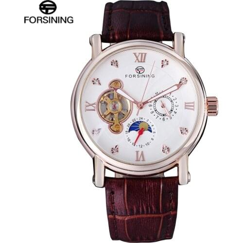 2017 FORSINING China Brand Men Watches Fashion Automatic Self Wind Watch White Dial Auto Date Rosegold Case Genuine Leather Band